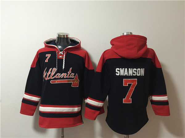 Men's Atlanta Braves #7 Dansby Swanson Navy/Red Ageless Must-Have Lace-Up Pullover Hoodie